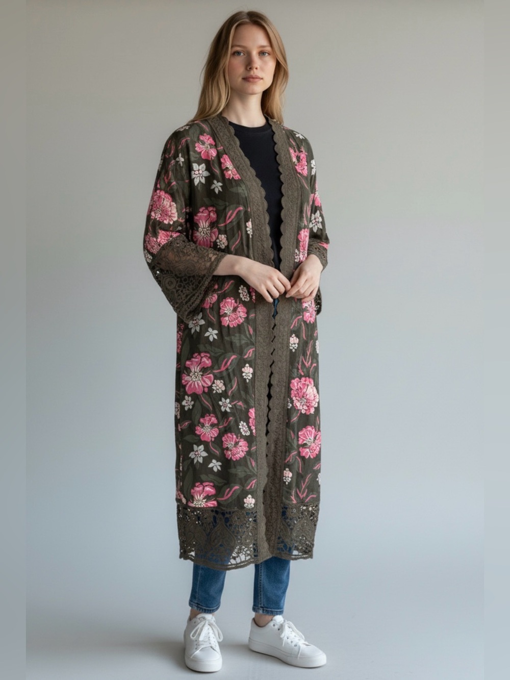 🫶🏻 Indigo Thread Co. Long Olive Floral Embroidered Duster Kimono